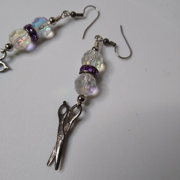 Vintage Glass Bead Metal Scissors Dangle Earrings - Picture 3 of 15